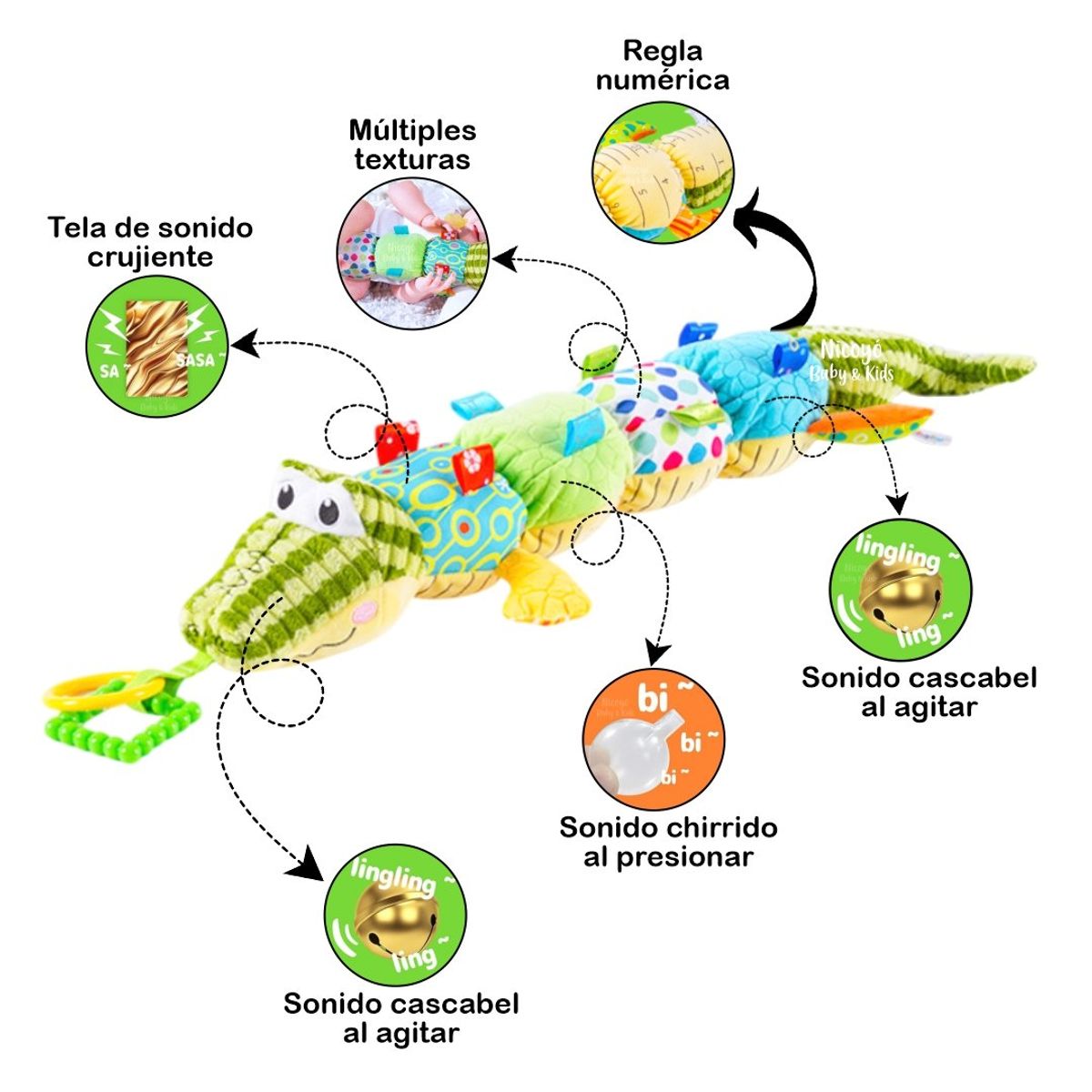 JOLLYBABY - Peluche Cocodrilo Sensorial con Sonajero y Texturas de Bebé