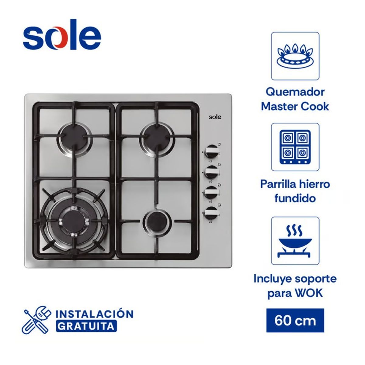 SOLE - Cocina Empotrable A Gas, 4 Hornillas, Acero Inoxidable, 58Cm Sole