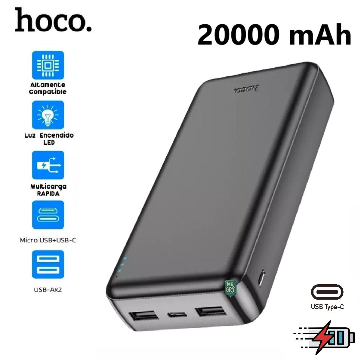 HOCO - Cargador portátil Power Bank 20000 mAh Hoco Premium J100A - Negro