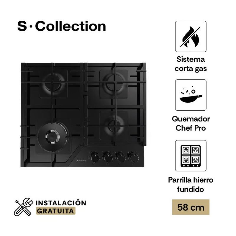 SOLE - Encimera Scollection Vidrio Templado A Gas 58Cm 4 Hornillas