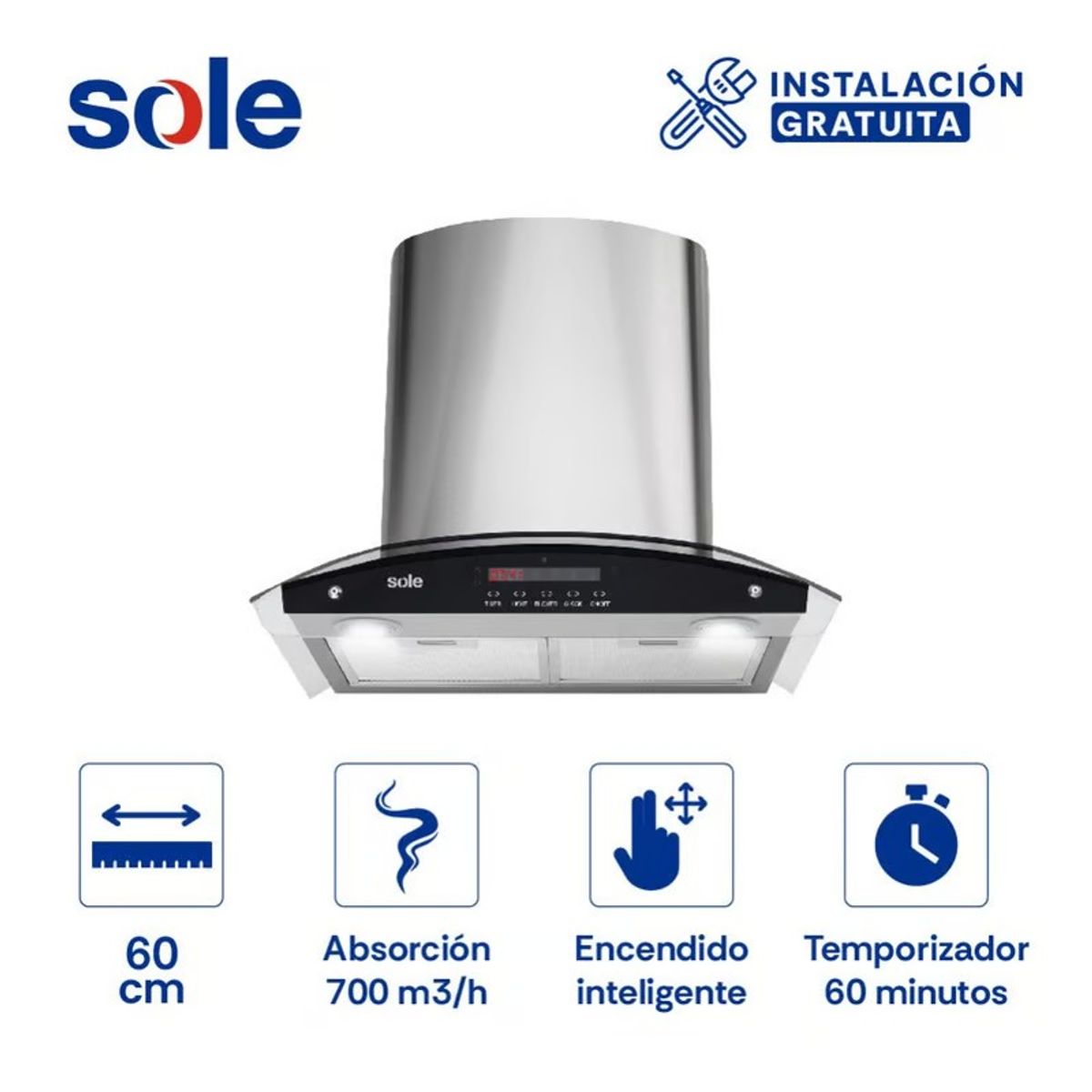 SOLE - Campana Decorativa Acero Inoxidable, 230W, Vidrio, 60 Cm Sole