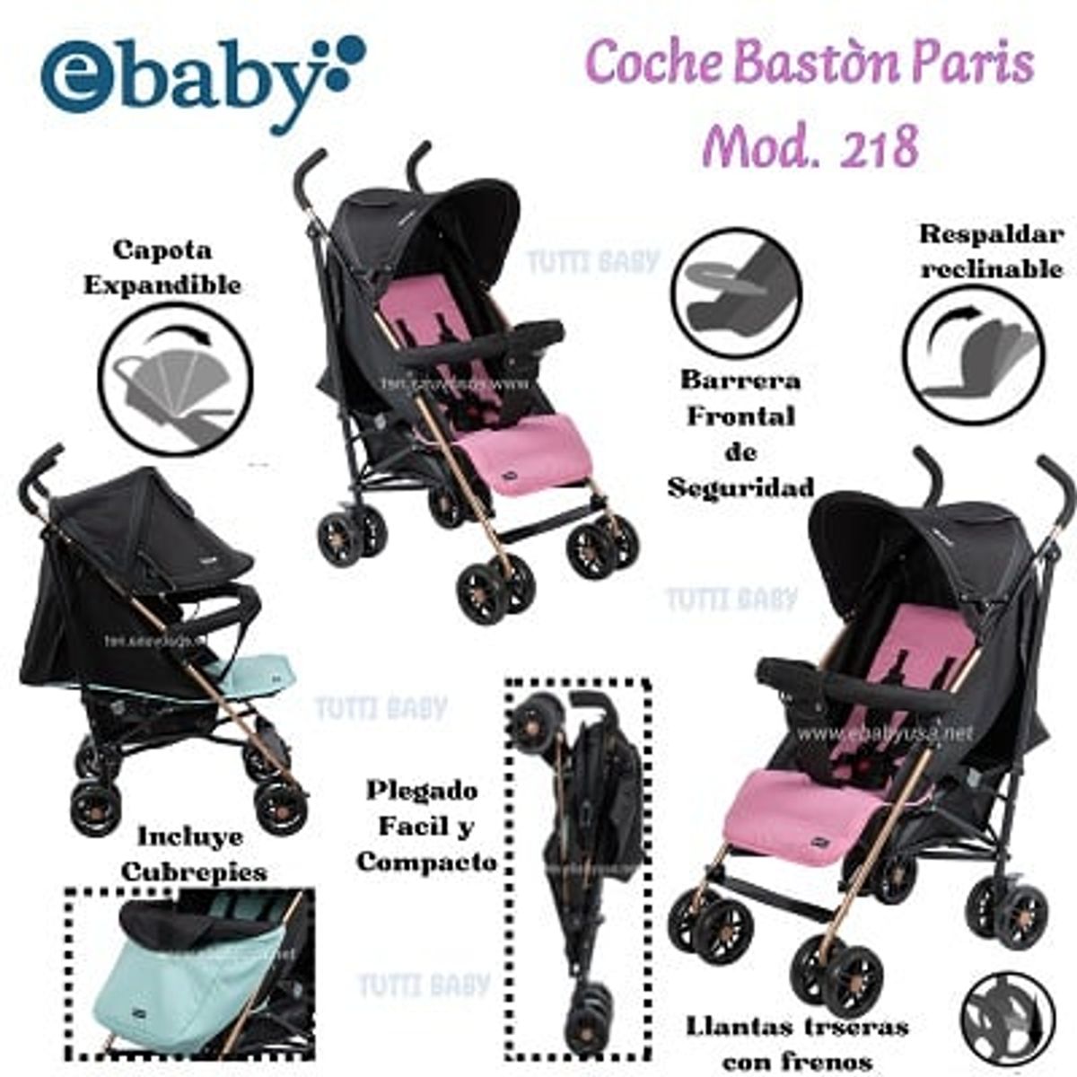 EBABY - COCHE BASTON RECLINABLE PARIS - ROSADO