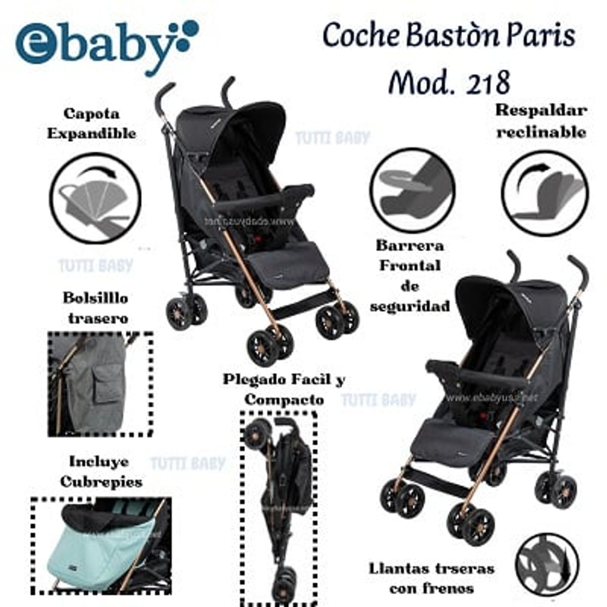 EBABY - COCHE BASTON RECLINABLE PARIS - NEGRO