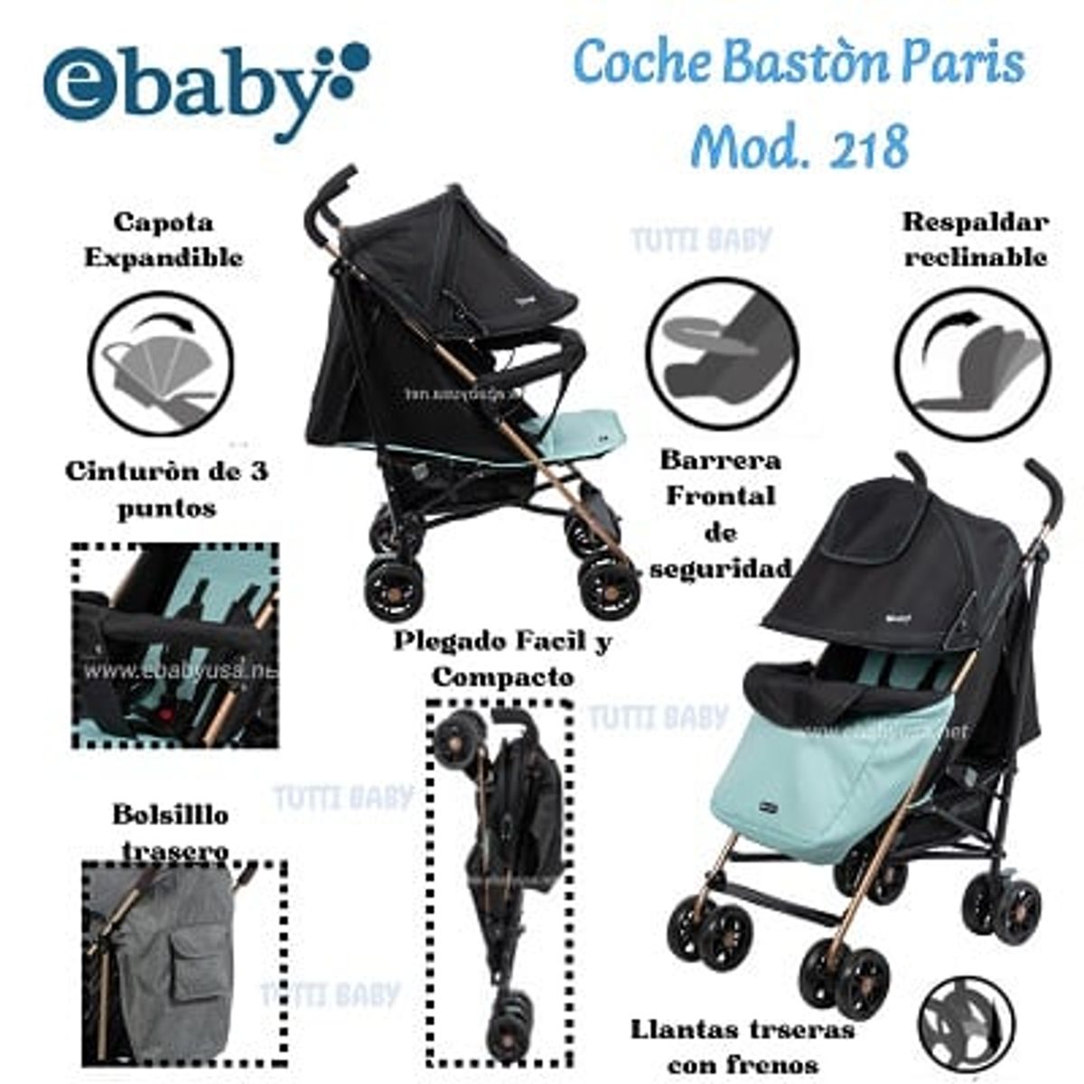 EBABY - COCHE BASTON RECLINABLE PARIS - VERDE