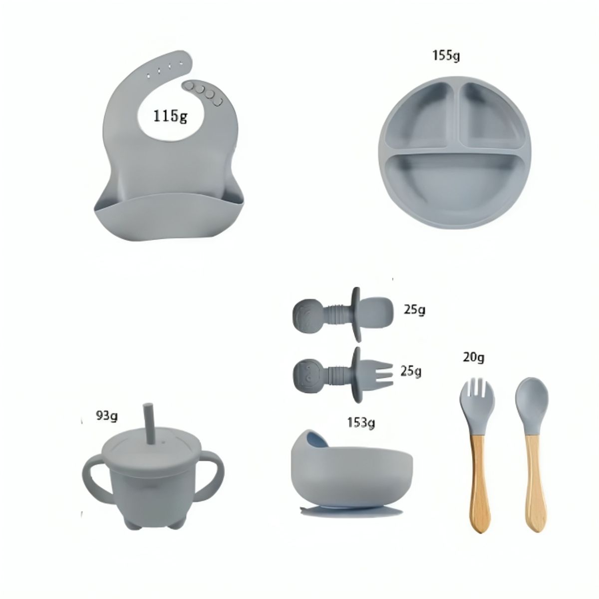 GENERICO - Set de Plato de Silicona con Cubiertos para Bebe Niños Gris de 8 Pcs