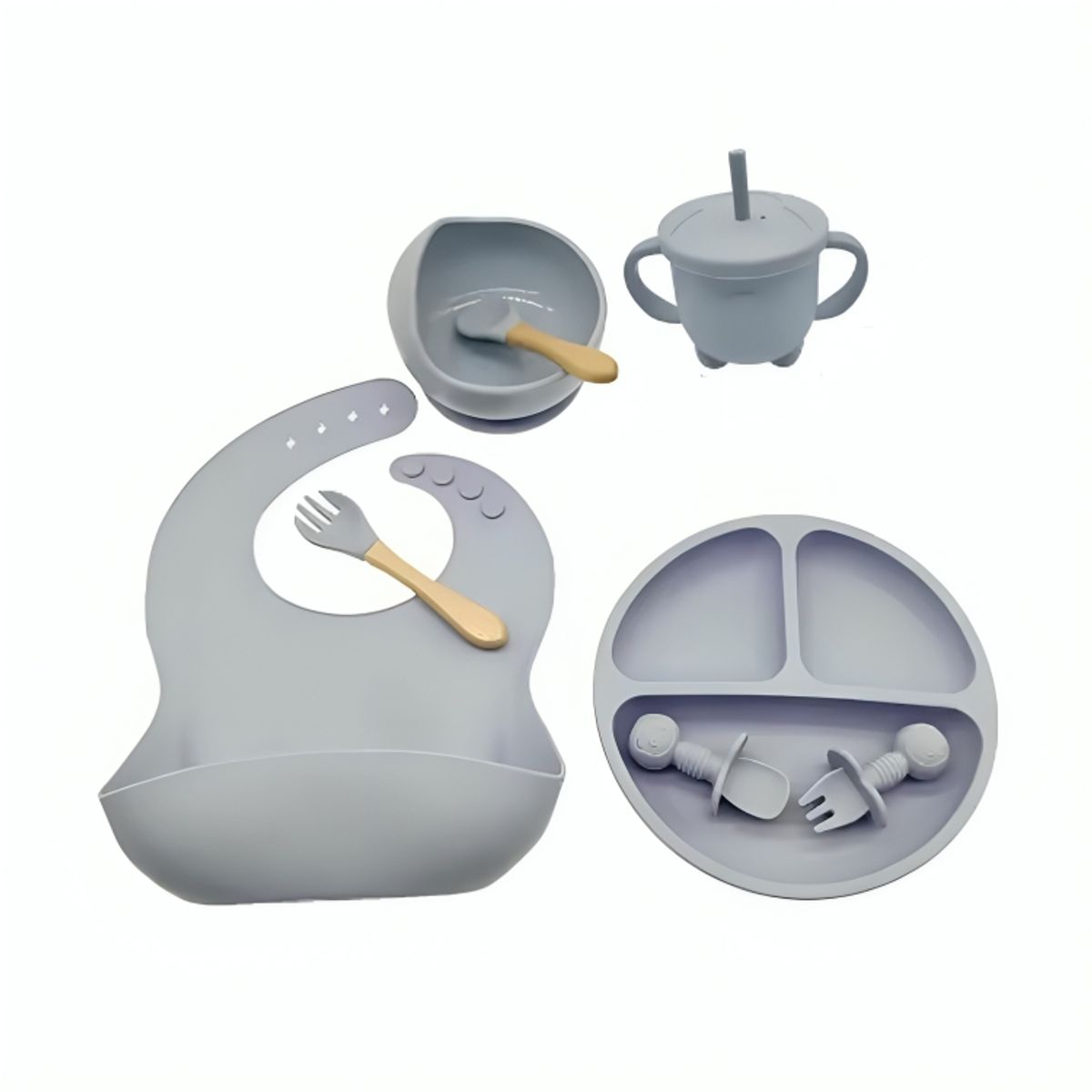 GENERICO - Set de Plato de Silicona con Cubiertos para Bebe Niños Gris de 8 Pcs