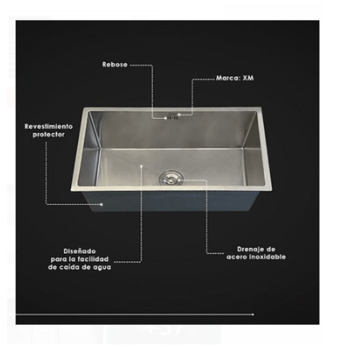 XM - Lavadero de Cocina en Acero Inoxidable Rectangular 76x43x23cm