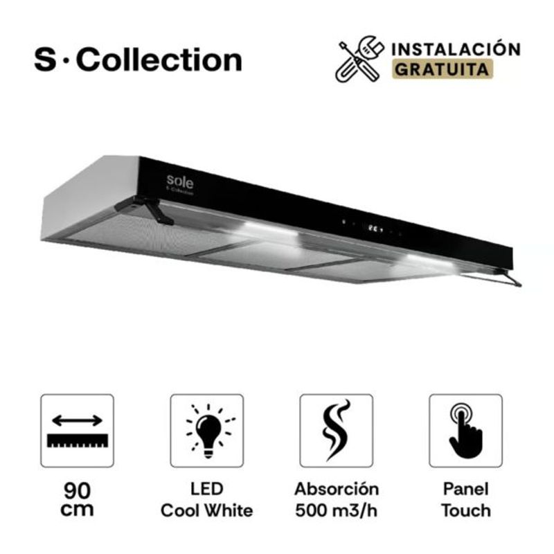 SOLE - Campana Extractora S-Collection Slim 90cm Negro Sole TURE94CO