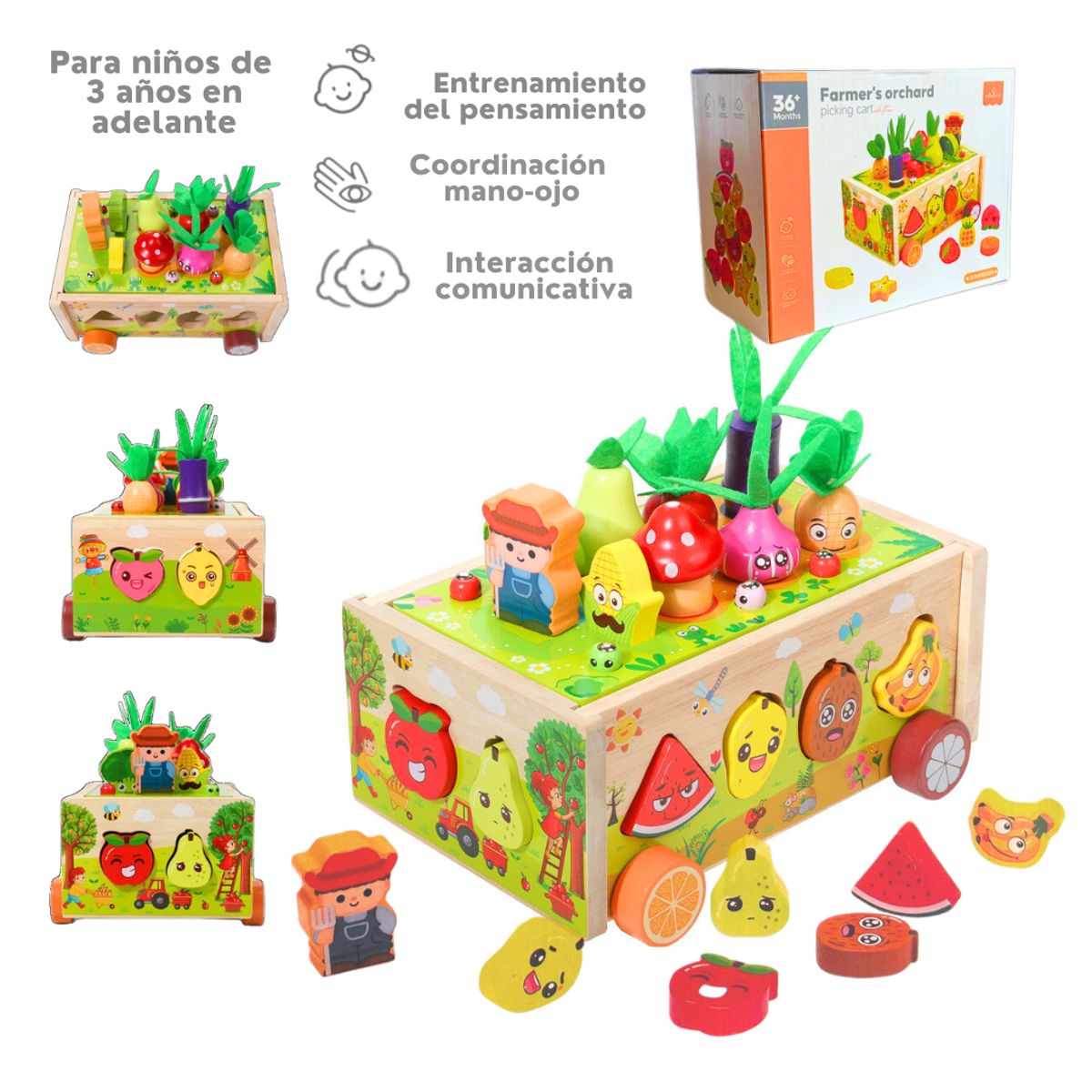 GENERICO - Carrito Didáctico Granja con Frutas y Verduras de Madera