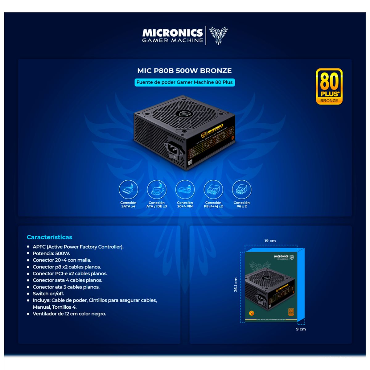 MICRONICS - Fuente De Poder Gamer 500w 80 Plus Bronze Micronics Mic P80b