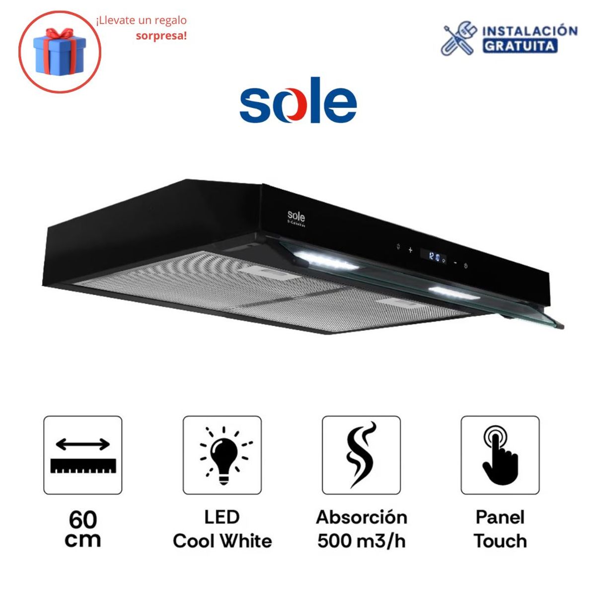 SOLE - Campana Extractora Slim Black S Collection 60cm