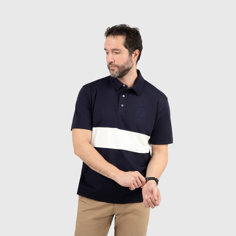 CONUNDRA CLOTHING - Polo Piqué Azul Marino franja Hueso 100% Algodón Pima