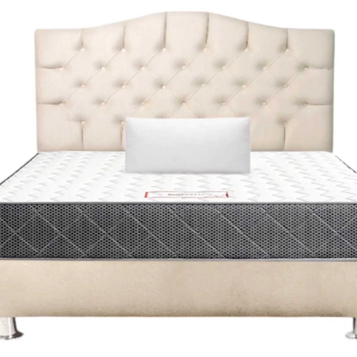 MUEBLES MACRUMO - Cama Tapizada Varsovia Beige Queen + Colchón Semiortopedico + Almohada