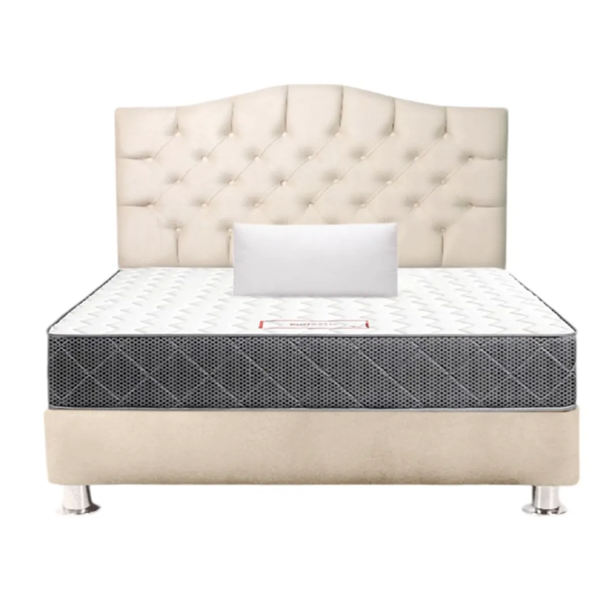 MUEBLES MACRUMO - Cama Tapizada Varsovia Beige Queen + Colchón Semiortopedico + Almohada