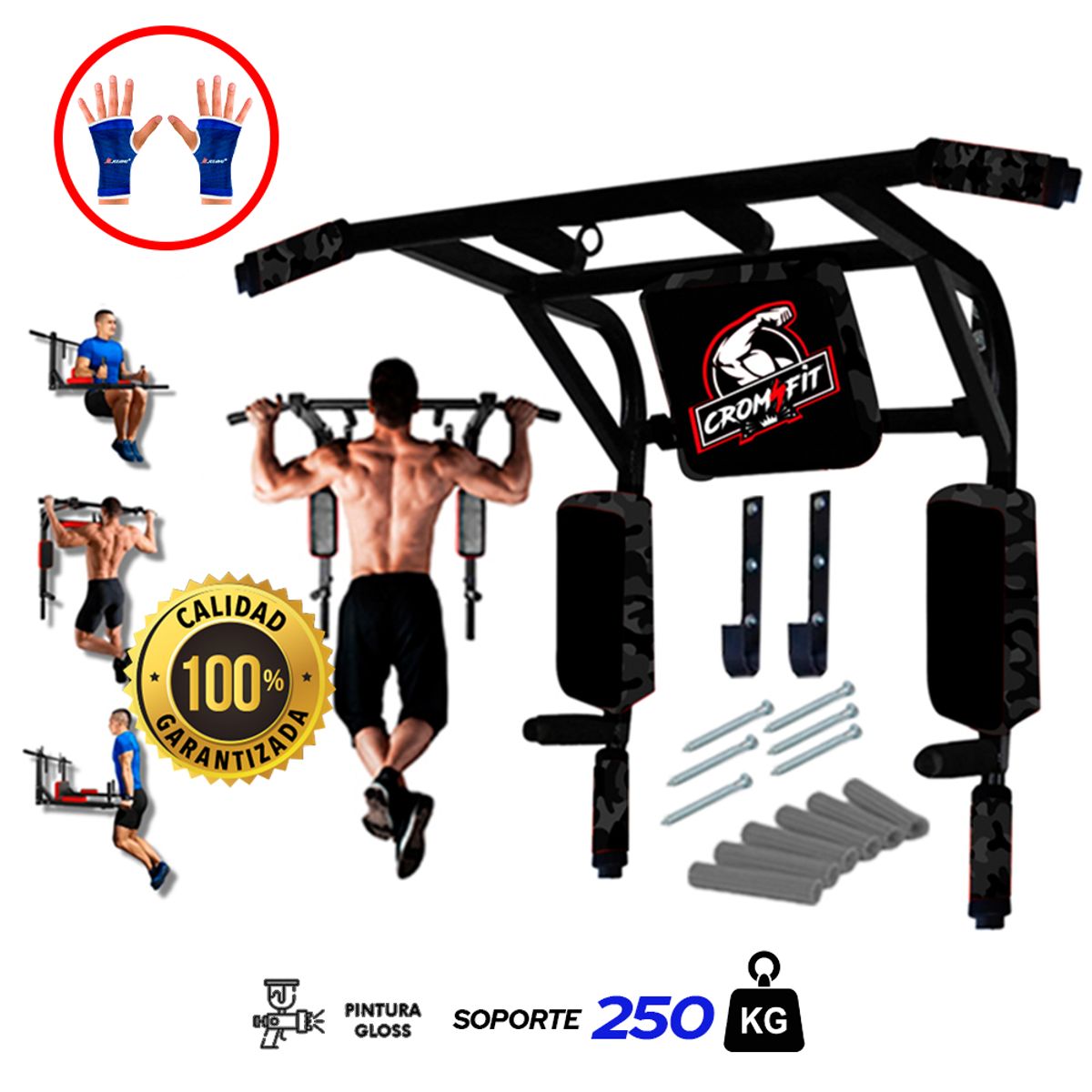 HOLGU - Barra Multifuncional 15 en 1 Uso Rudo 350 Kg Dominadas + Guantes