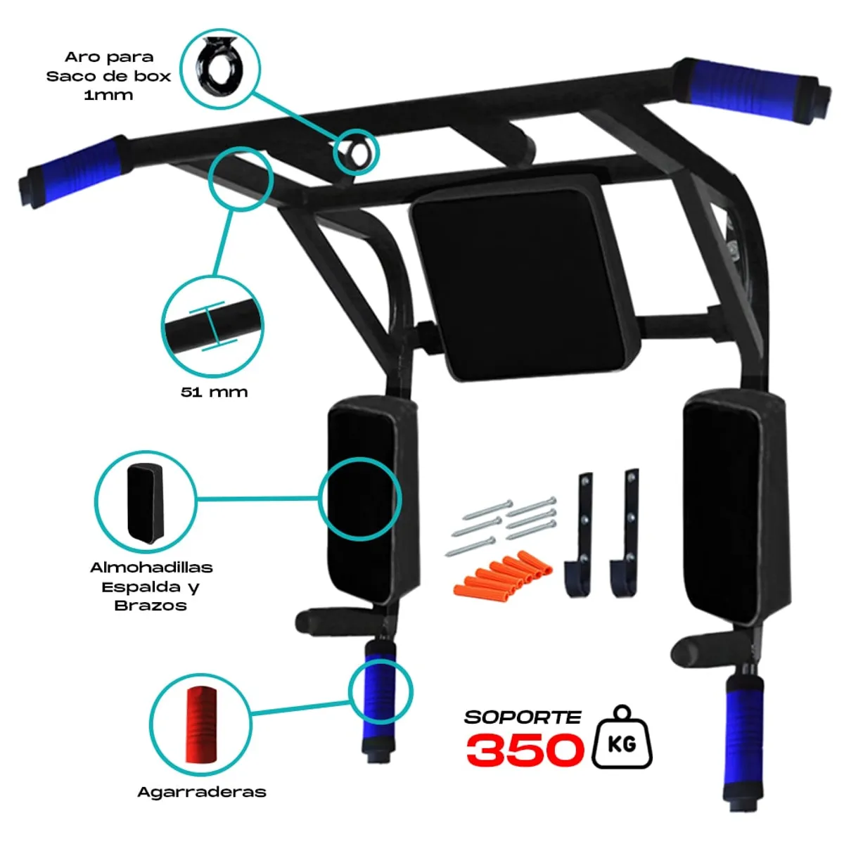 HOLGU - Barra Multifuncional 15 en 1 Uso Rudo 350 Kg Dominadas + Guantes
