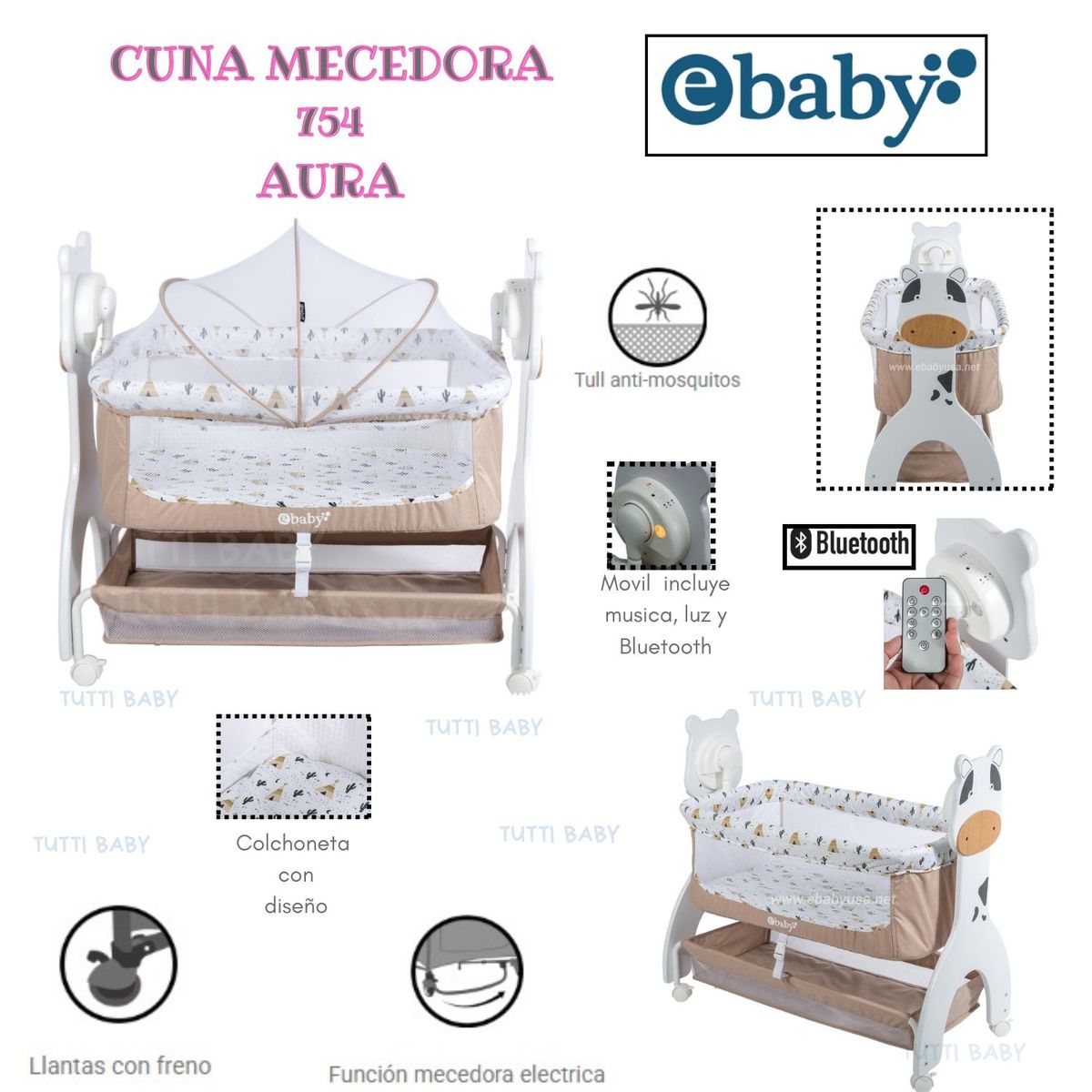 EBABY - CUNA MECEDORA ELECTRICA  AURA  - BEIGE