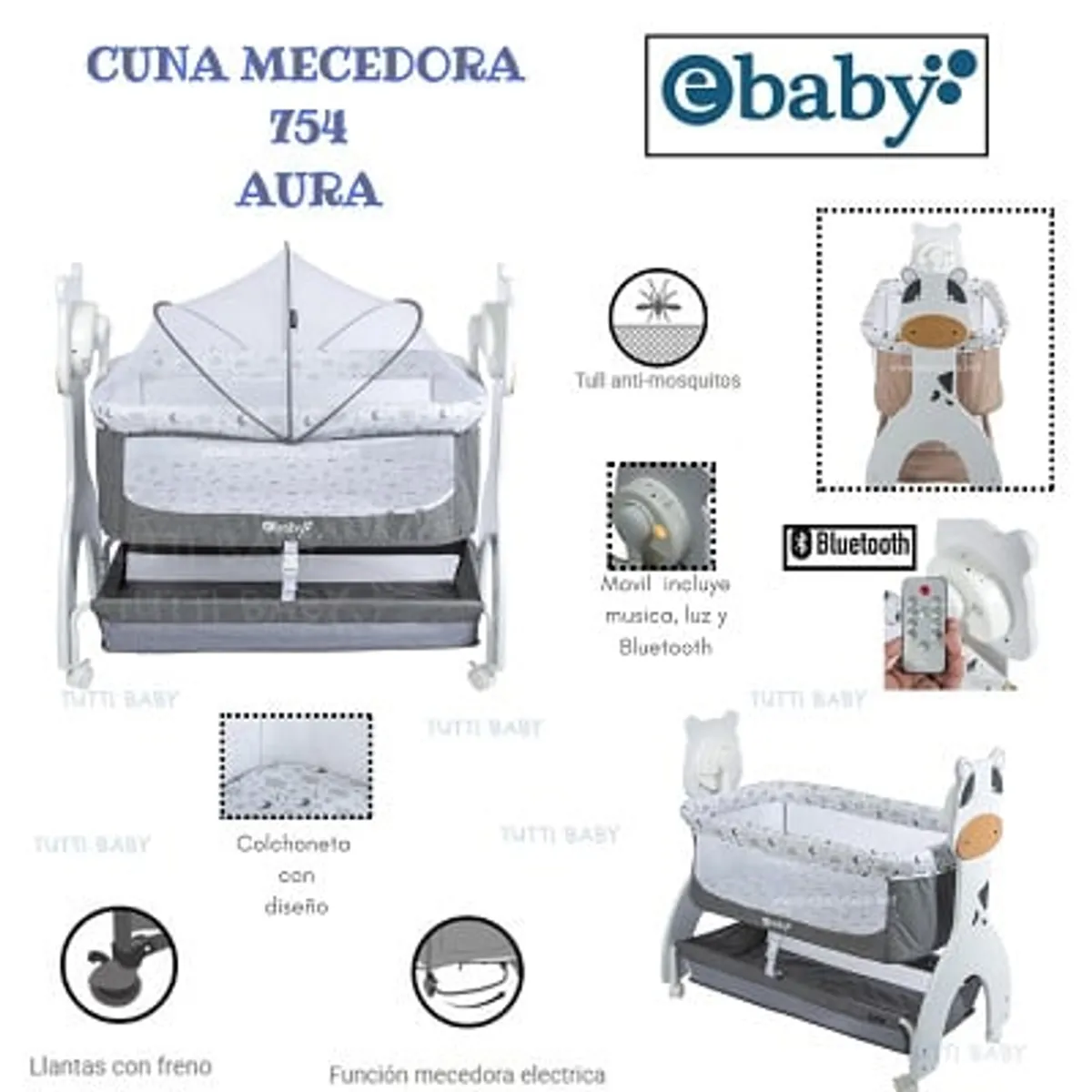 EBABY - CUNA MECEDORA ELECTRICA  AURA  - GRIS