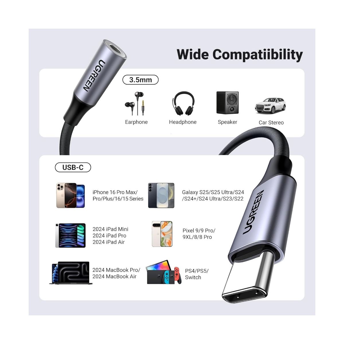 UGREEN - Adaptador Jack a Tipo C 24bit 96k Hz HiFi DAC para Samsung UGREEN