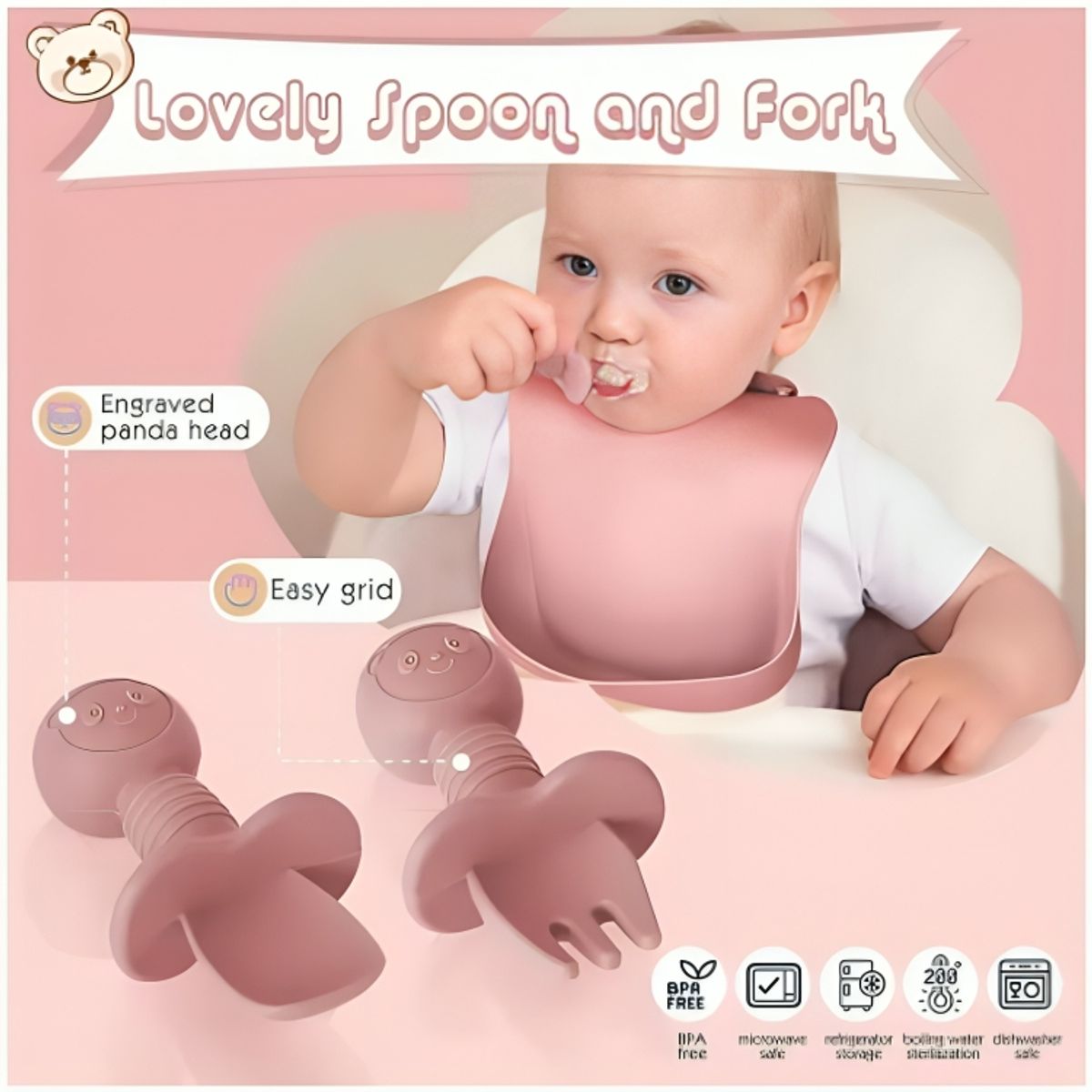 GENERICO - Set de Plato de Silicona con Cubiertos para Bebe Niños Lila de 8 Pcs