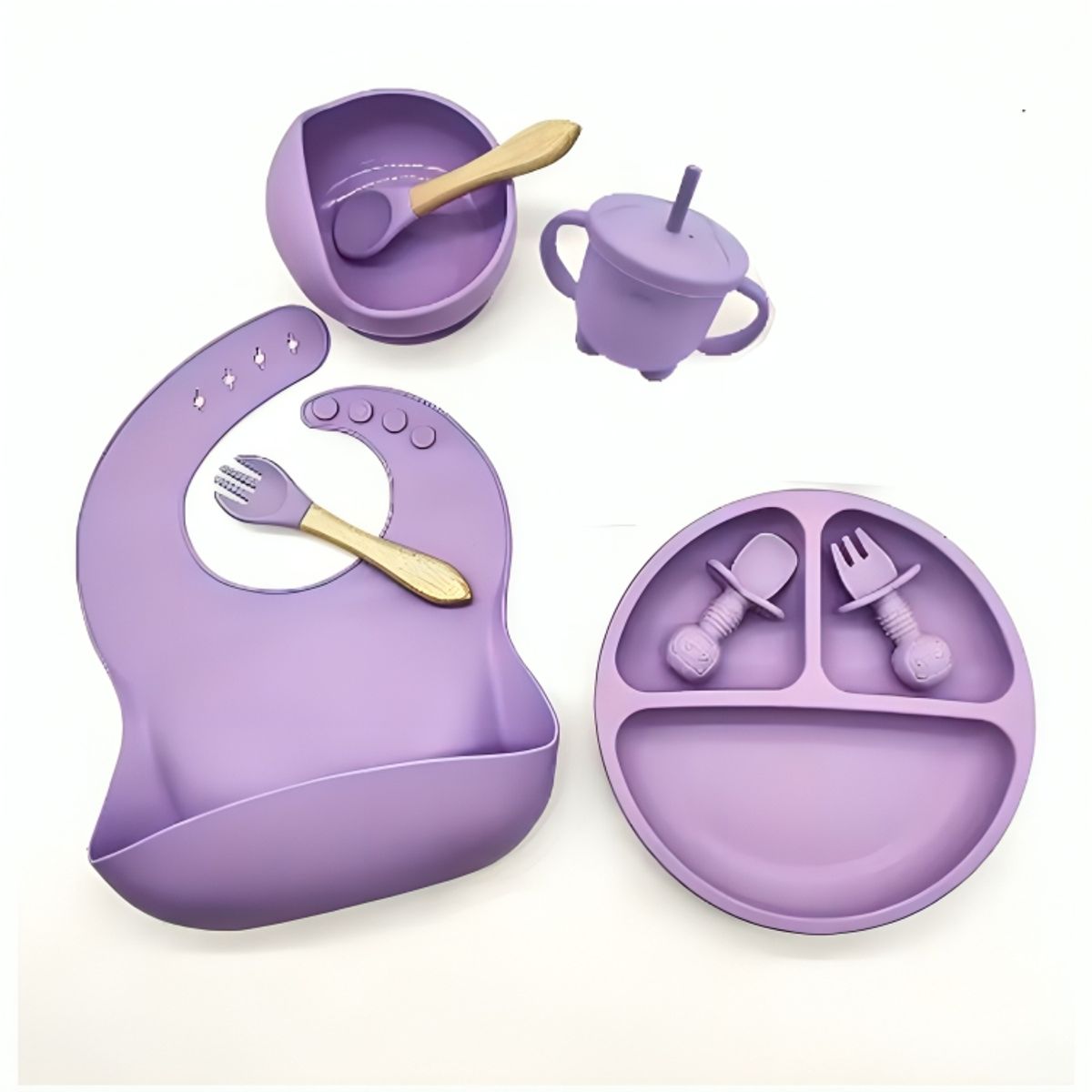 GENERICO - Set de Plato de Silicona con Cubiertos para Bebe Niños Lila de 8 Pcs