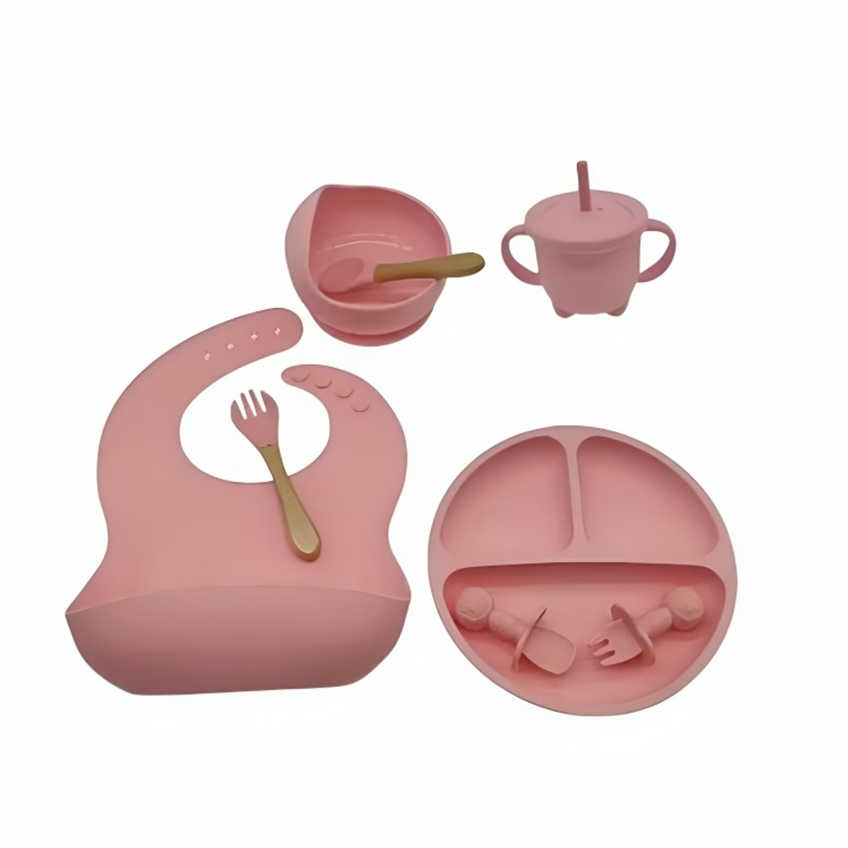 GENERICO - Set de Plato de Silicona con Cubiertos para Bebe Niños Rosa de 8 Pcs