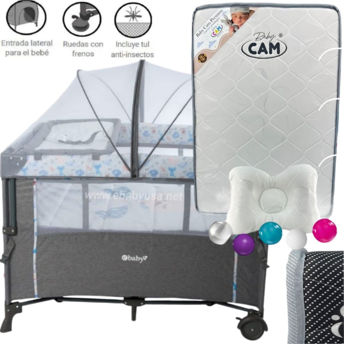 EBABY - Cuna para bebe Colecho Nala CELESTE+ Colchón PLOMO