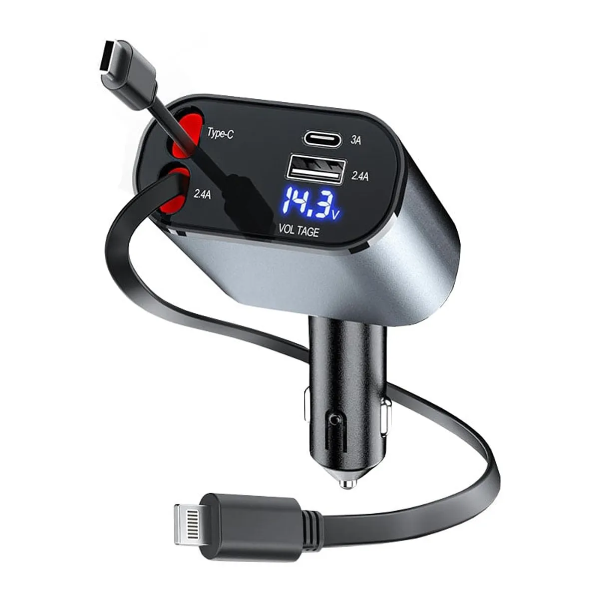 OEM - Cargador retráctil 4 EN 1 de Auto 120W - Tipo C x2, IOS, USB 3.0