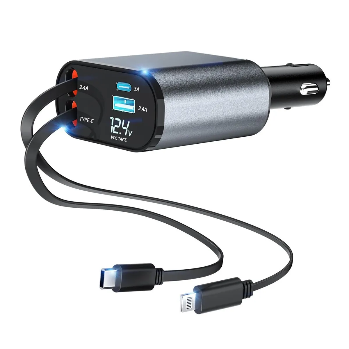 OEM - Cargador retráctil 4 EN 1 de Auto 120W - Tipo C x2, IOS, USB 3.0