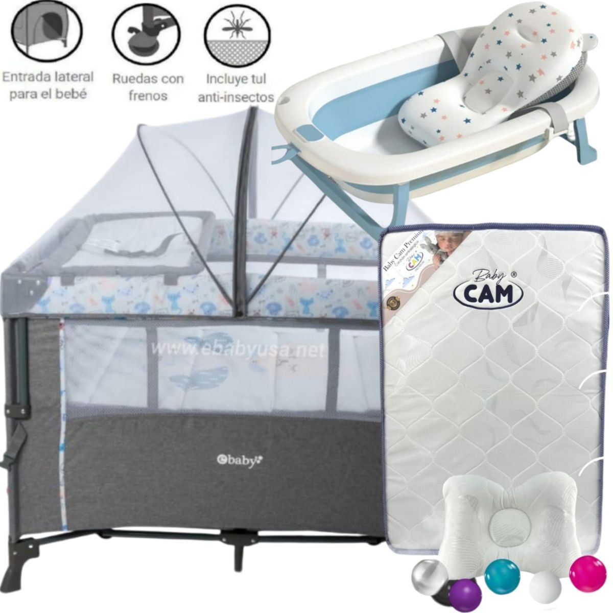 EBABY - Cuna Colecho NALA CELESTE+ Colchón +tina con cojín CELESTE