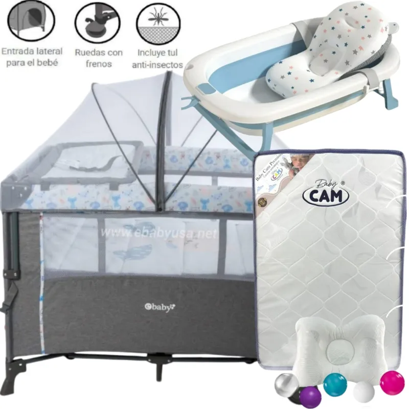 EBABY - Cuna Colecho NALA CELESTE+ Colchón +tina con cojín CELESTE