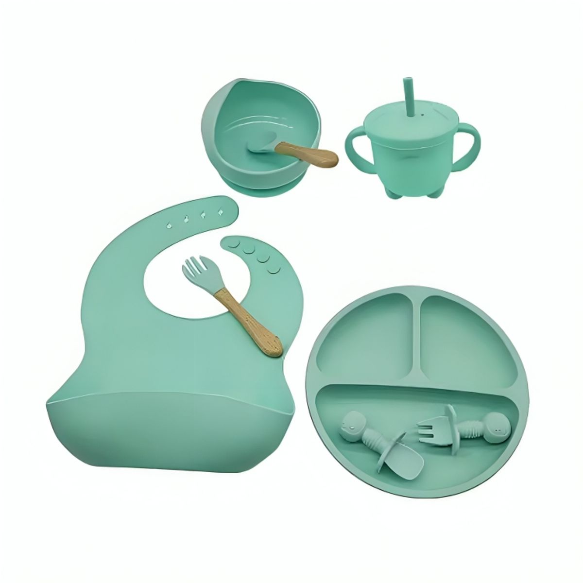 GENERICO - Set de Plato de Silicona con Cubiertos para Bebe Niños Verde de 8 Pcs
