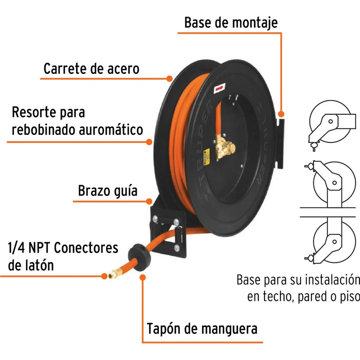TRUPER - Rollo de 15 m de manguera 3/8" de hule con carrete retráctil