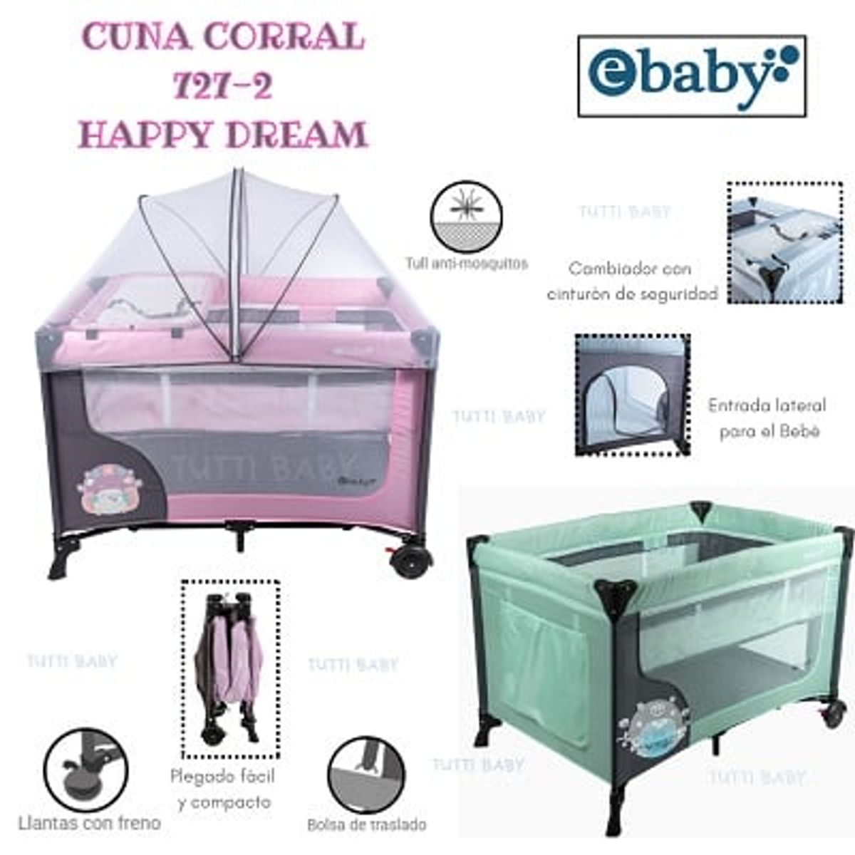 EBABY - CUNA CORRAL CON CAMBIADOR HAPPY DREAM - ROSADO