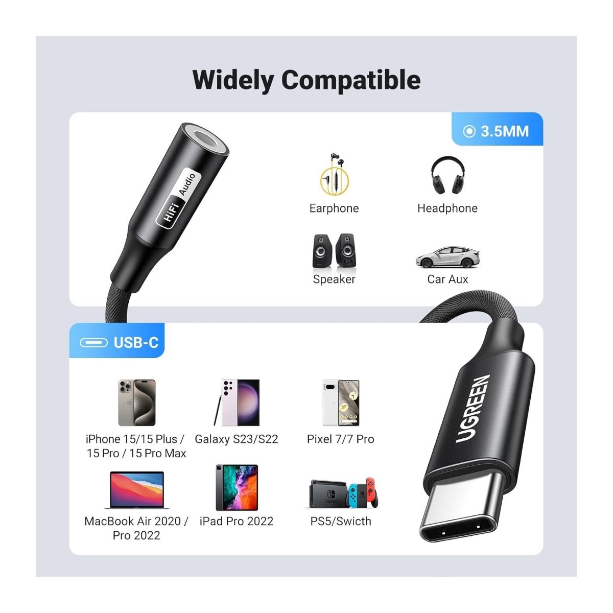 UGREEN - Adaptador Jack a Tipo C Alta Resolucion 32bit 384KHz HiFi DAC UGREEN