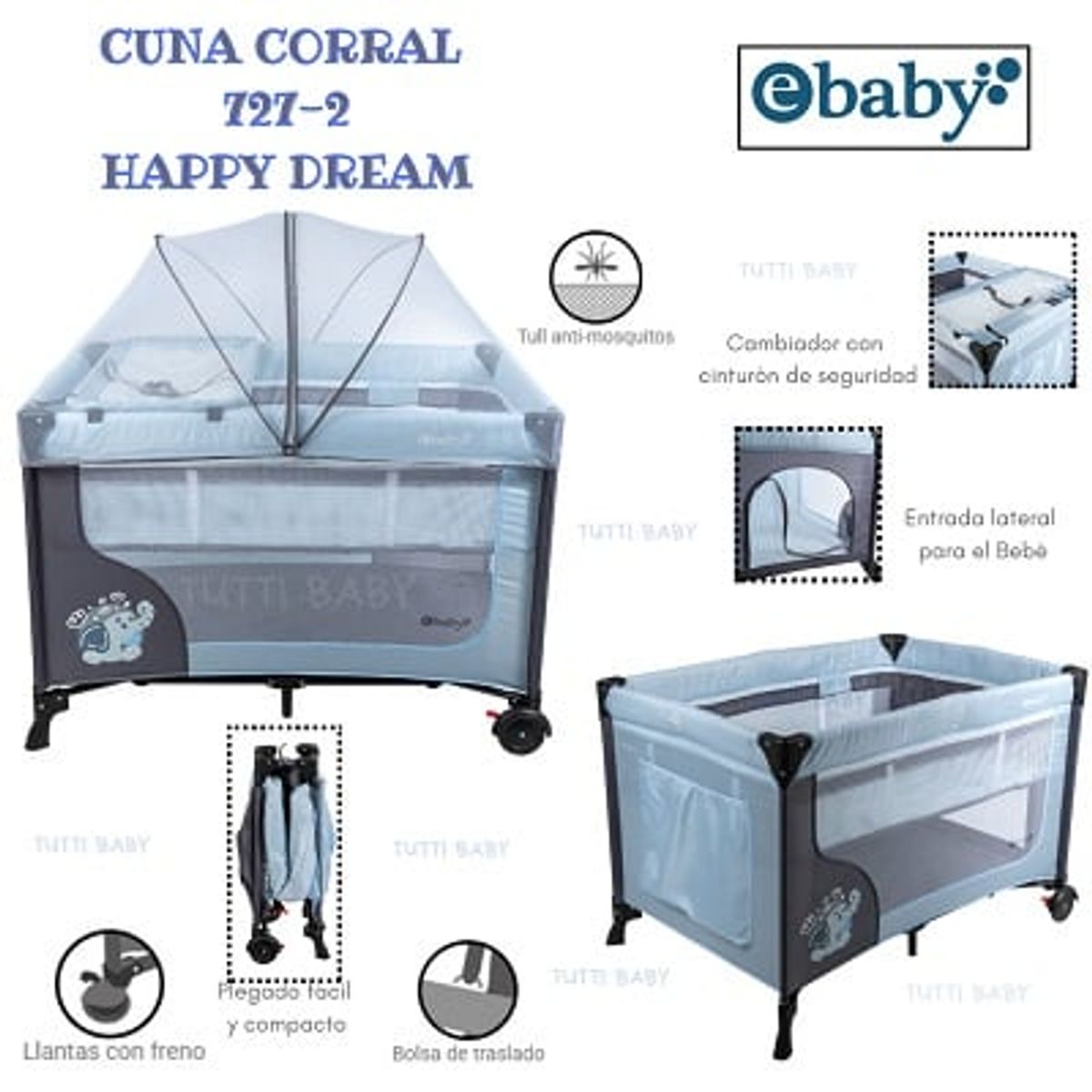 EBABY - CUNA CORRAL CON CAMBIADOR HAPPY DREAM - CELESTE