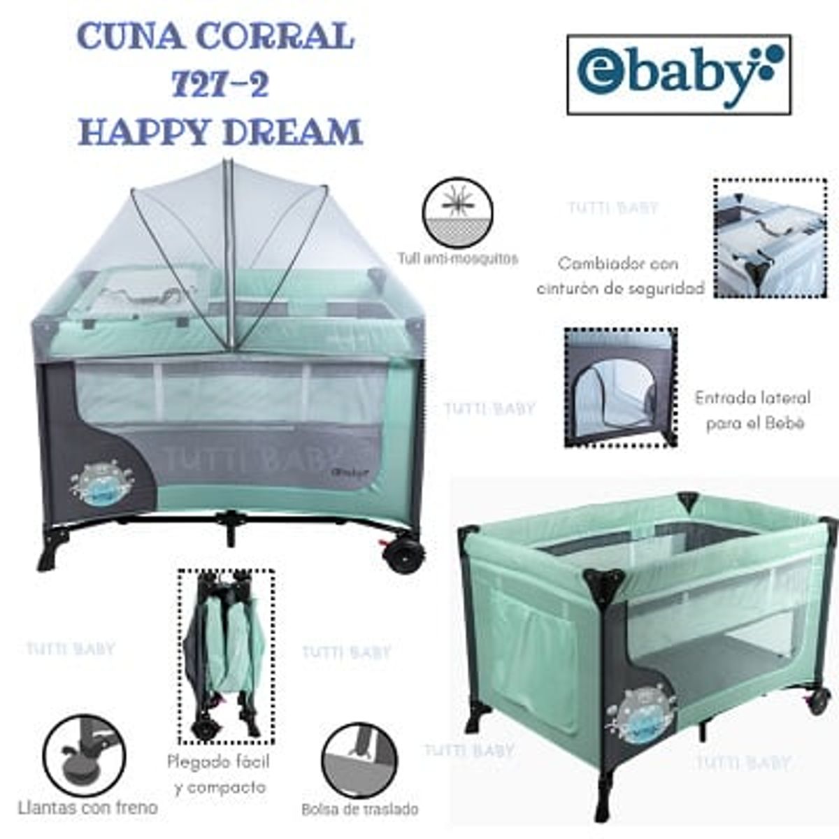 EBABY - CUNA CORRAL CON CAMBIADOR HAPPY DREAM - VERDE