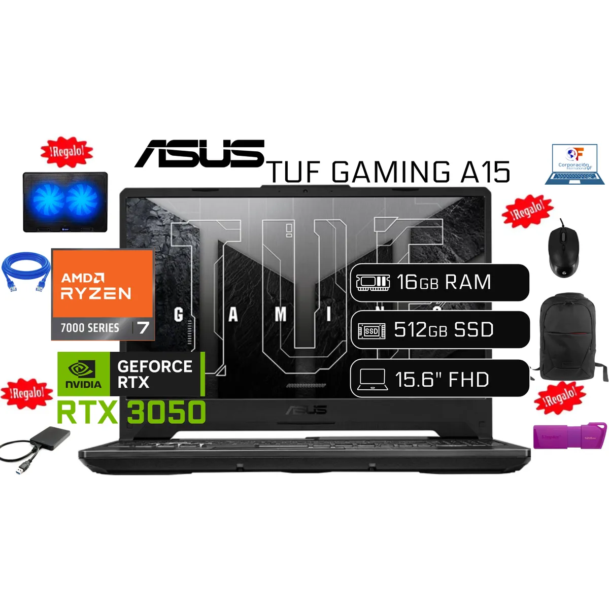 ASUS - LAPTOP NUEVA GAMER ASUS Ryzen 7 7445HS 16GB RAM 512GB SSD NVIDIA RTX 3050 4GB Video 1TB HDD EXTERNO