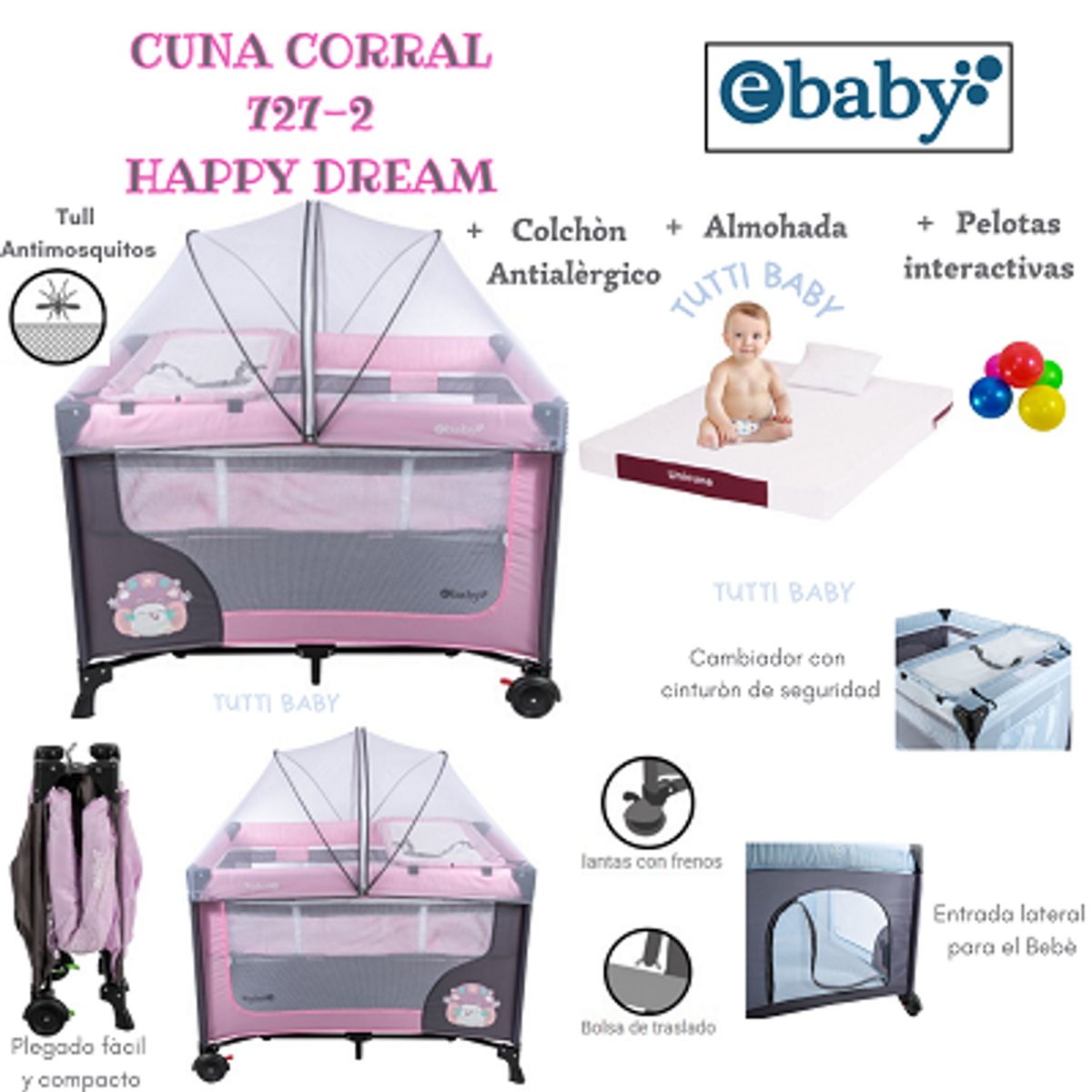 EBABY - CUNA CORRAL CON CAMBIADOR + COLCHON HAPPY DREAM -  ROSADO