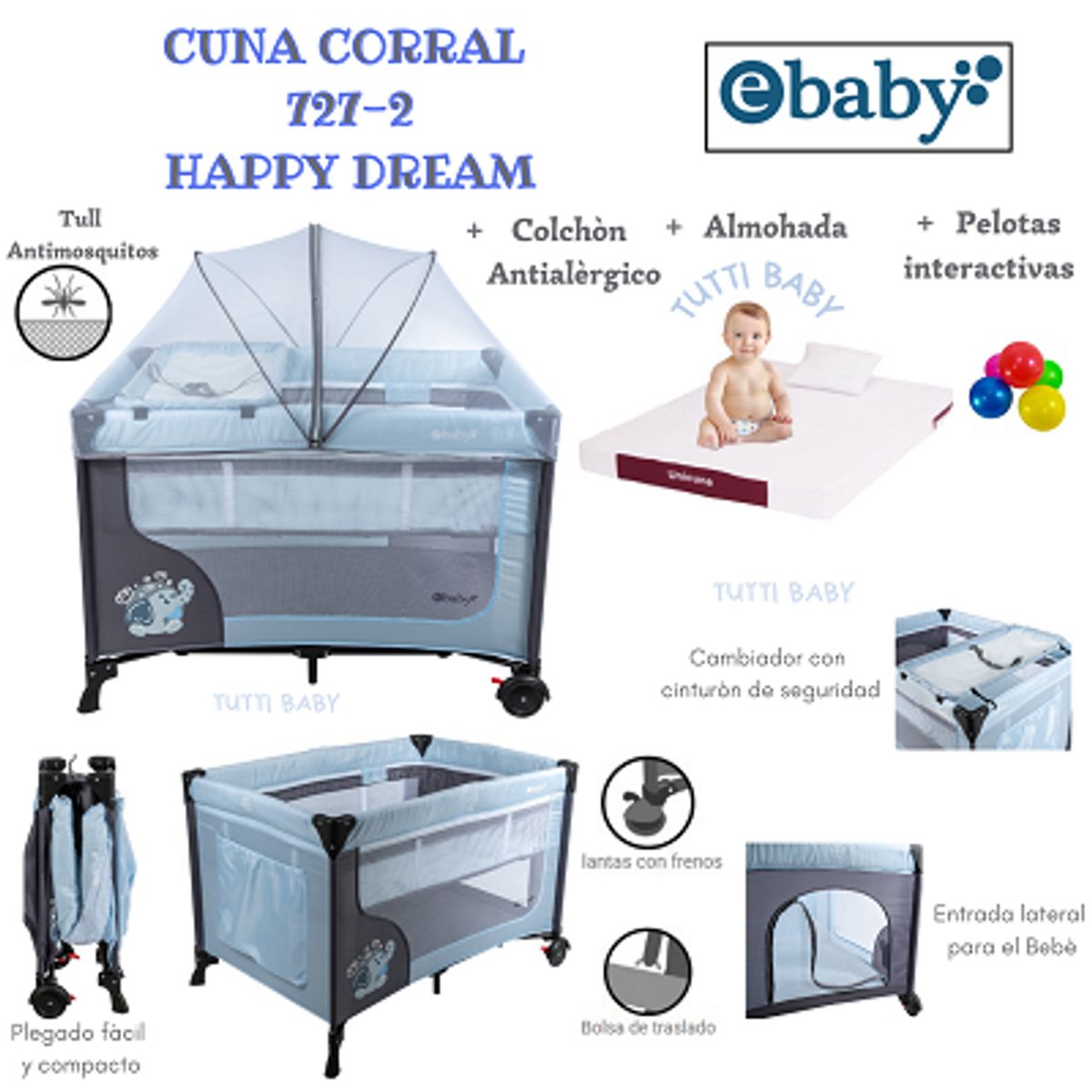 EBABY - CUNA CORRAL CON CAMBIADOR + COLCHON HAPPY DREAM -  CELESTE