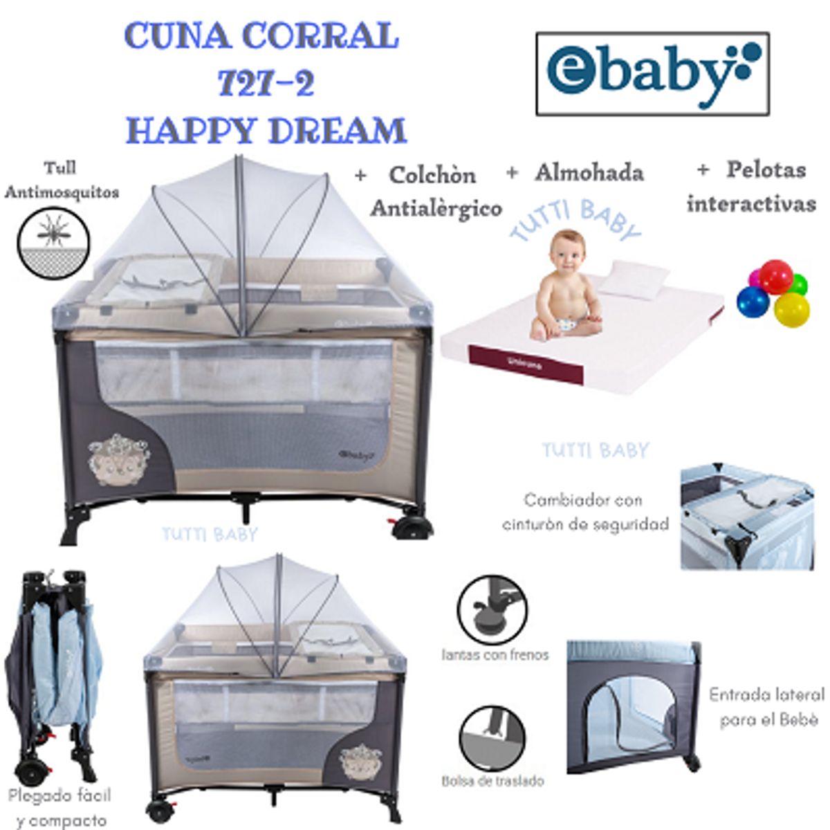 EBABY - CUNA CORRAL CON CAMBIADOR + COLCHON HAPPY DREAM - BEIGE