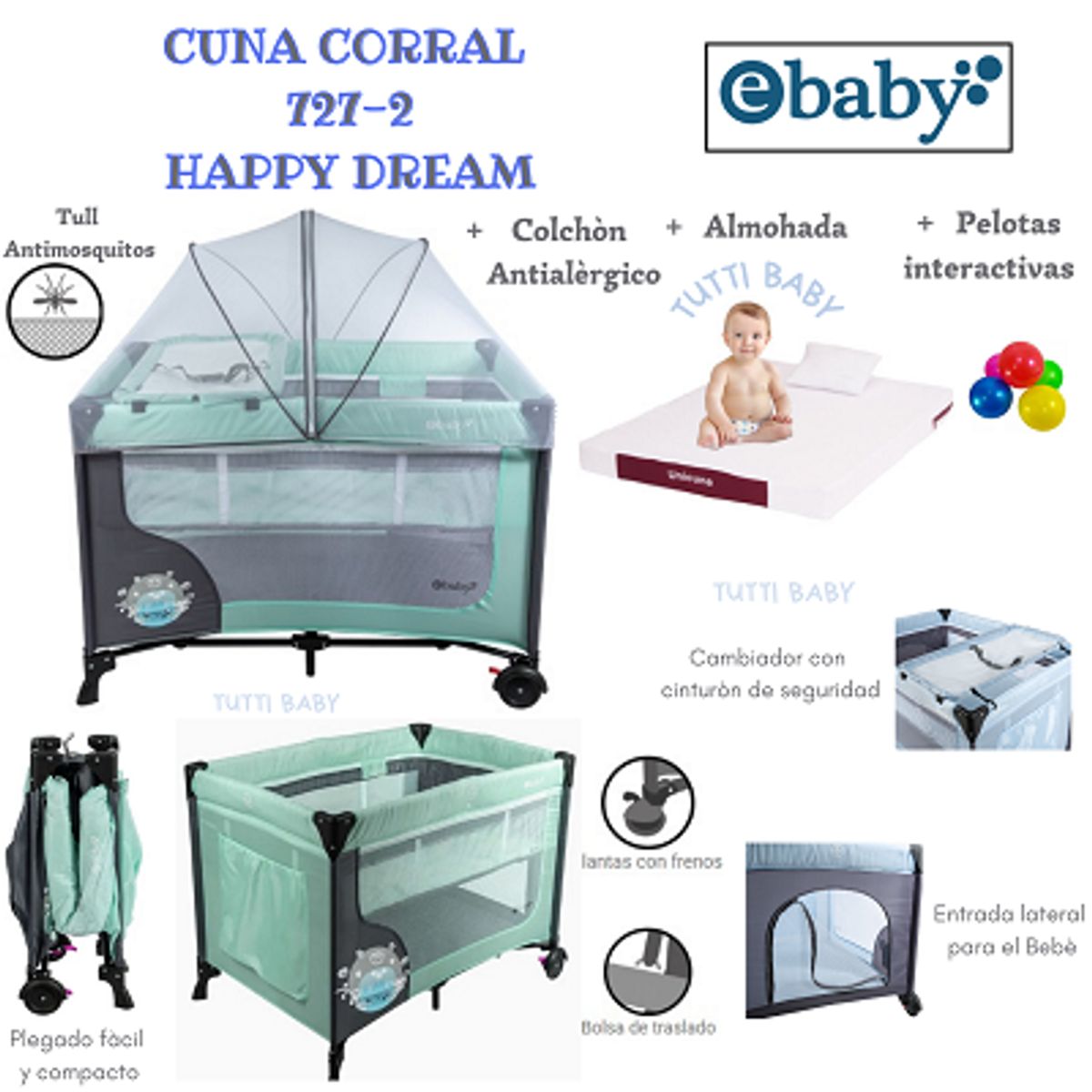 EBABY - CUNA CORRAL CON CAMBIADOR + COLCHON HAPPY DREAM - VERDE