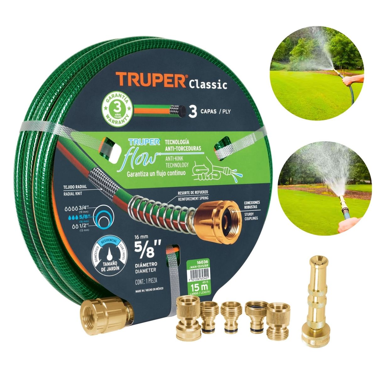 TRUPER - Manguera de riego 58 x 15m pistola de riego conectores de metal