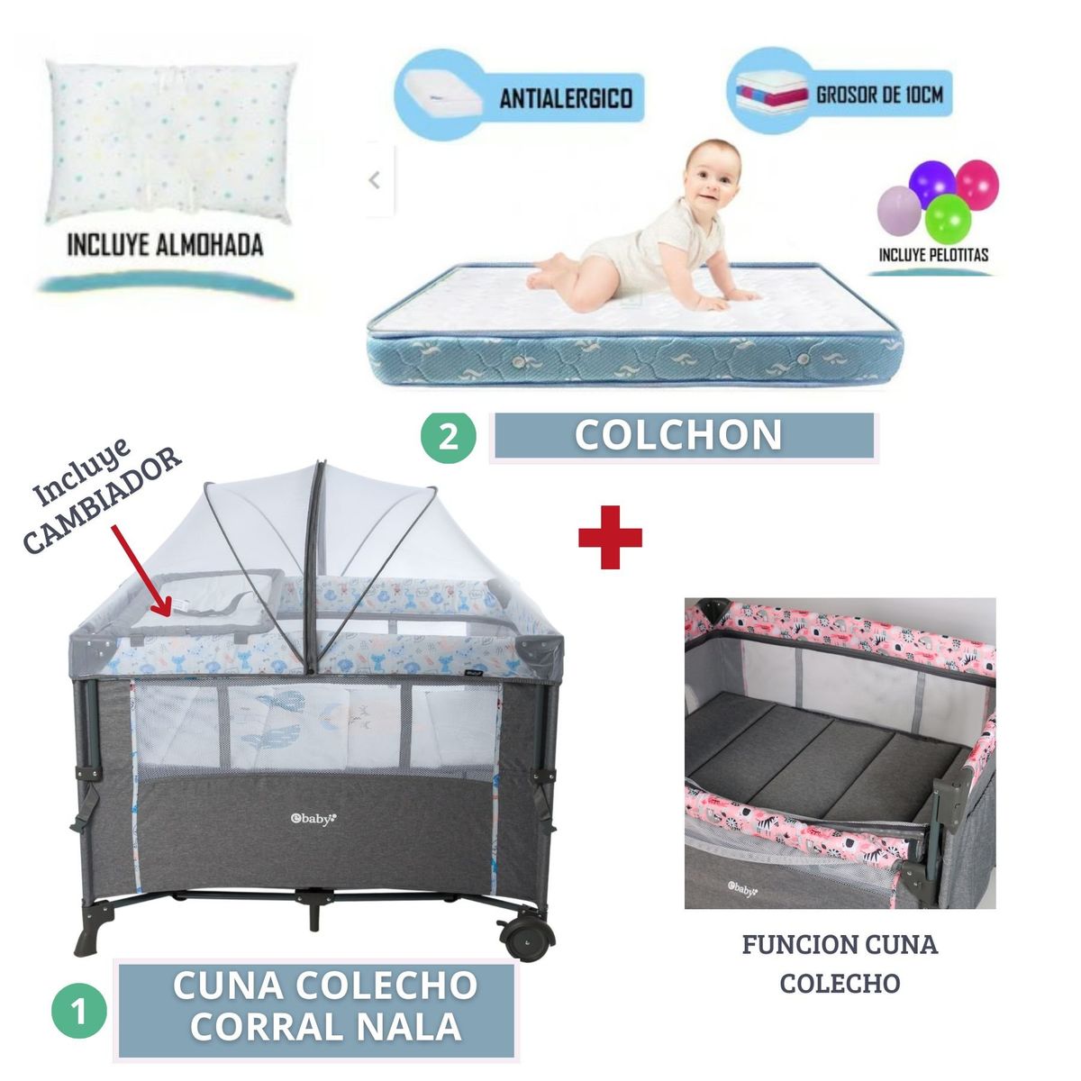 EBABY - Cuna corral colecho NALA AZUL LIGHT mas COLCHON