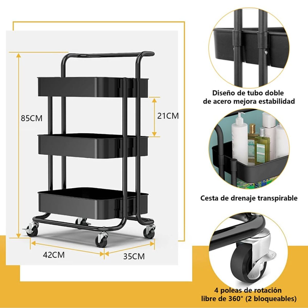 VIDITA - Carrito Organizador Multiuso Cocina 3 Niveles Con  ruedas