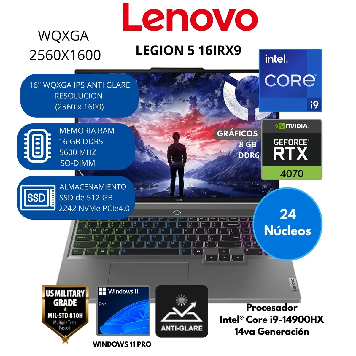 LENOVO - Laptop Lenovo Intel® Core i9 (LEGION 5 16IRX9) RAM 16 GB SSD 512 GB 16" WQXGA IPS Windows 11 PRO