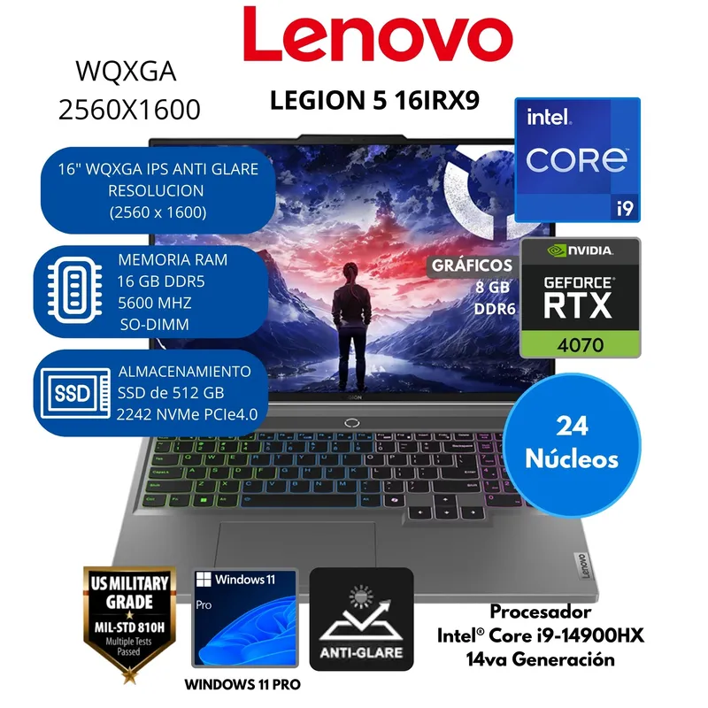 LENOVO - Laptop Lenovo Intel® Core i9 (LEGION 5 16IRX9) RAM 16 GB SSD 512 GB 16" WQXGA IPS Windows 11 PRO