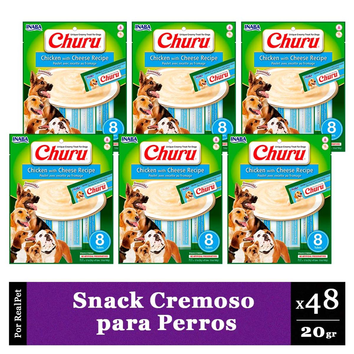 CHURU - Snack Cremoso Perro Churu Pollo y Queso 6 sobres x 8 tubos