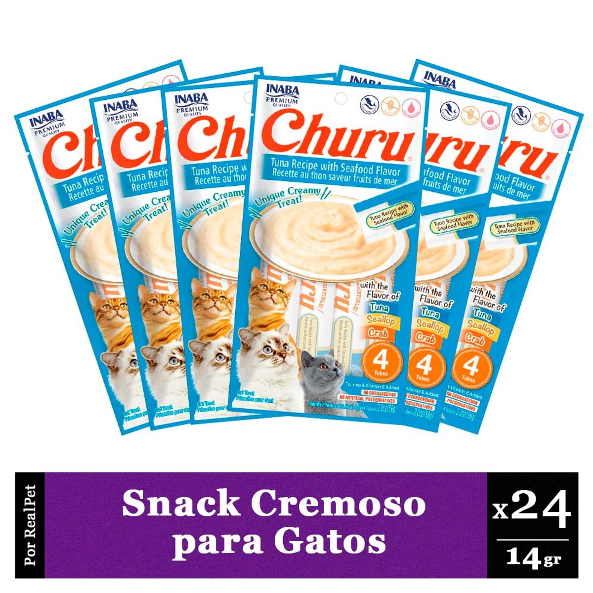 CHURU - Snack Cremoso Gato Churu Atún y Mariscos 6 sobres x 4 tubos