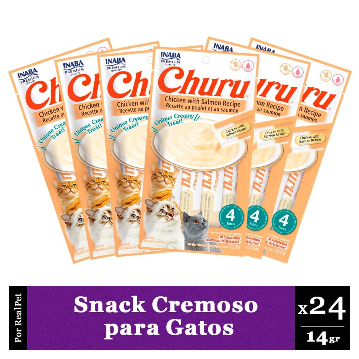 CHURU - Snack Cremoso Gato Churu Pollo y Salmón 6 sobres x 4 tubos